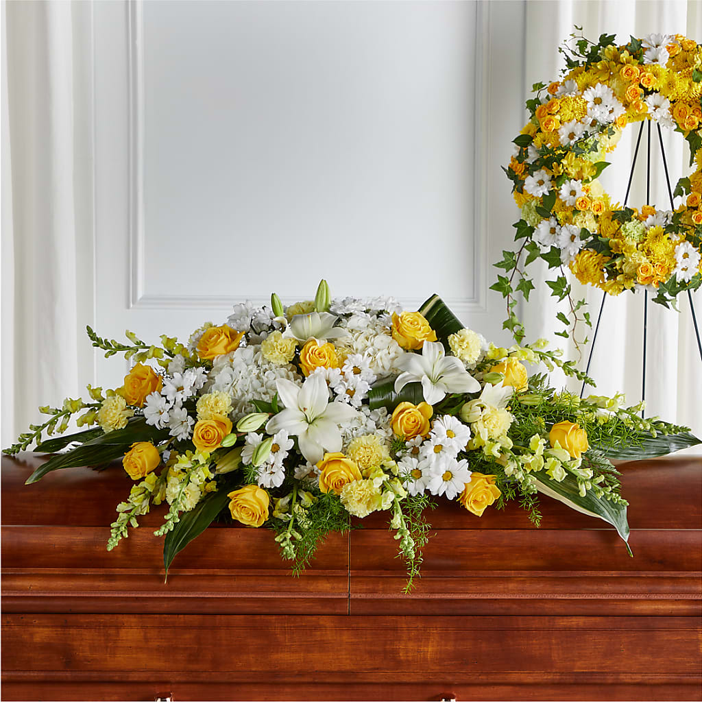 Golden Harmony Casket Spray – SINK'S FLOWER SHOP & GREENHOUSE, Findlay OH