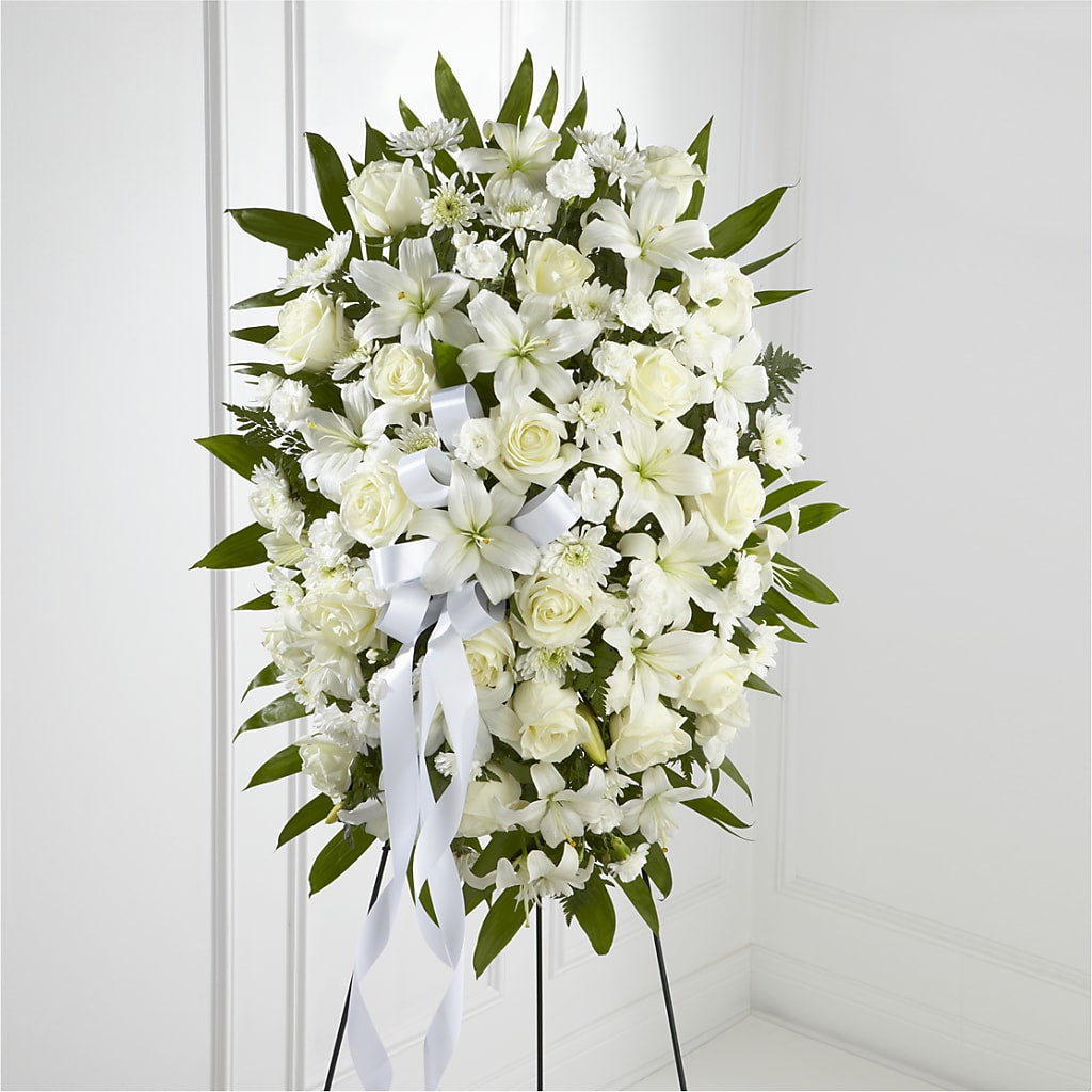 Exquisite Tribute Standing Spray-White Ribbon – SINK'S FLOWER SHOP & GREENHOUSE, Findlay OH