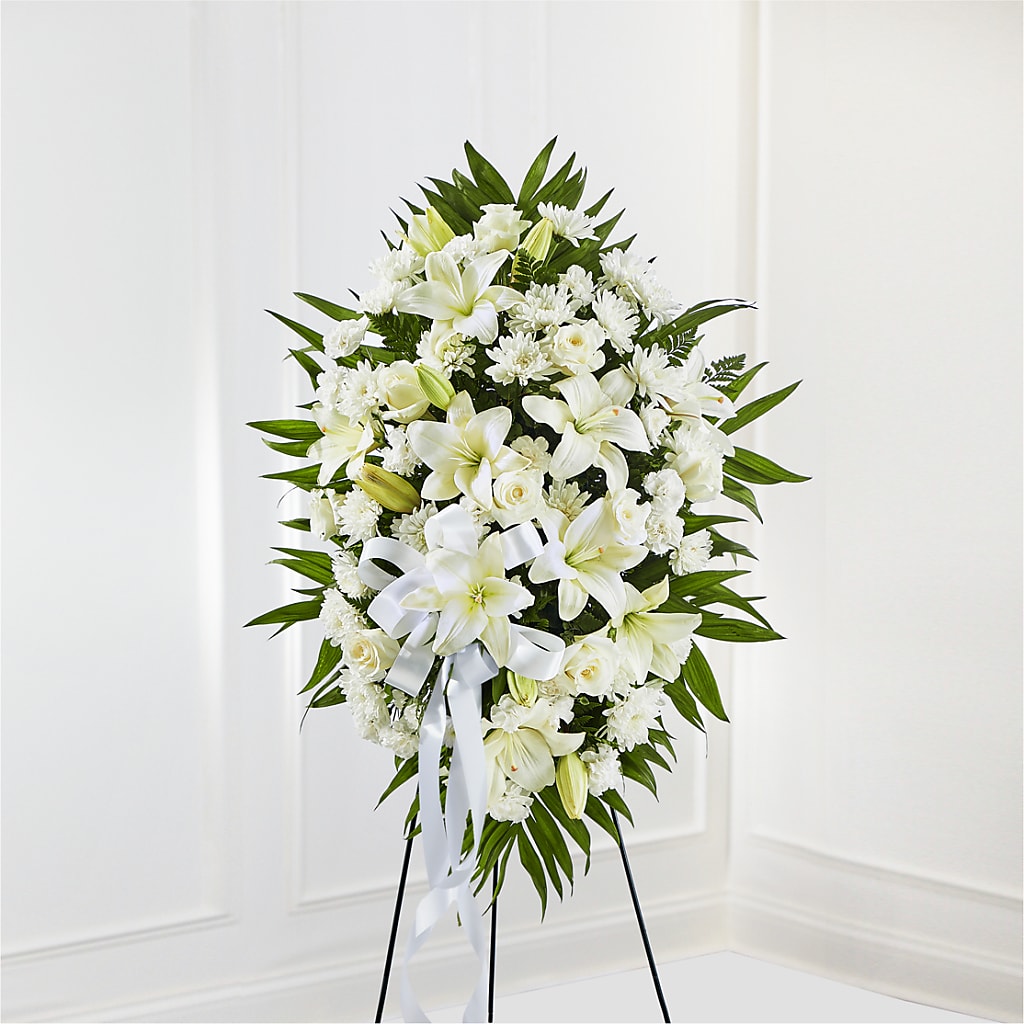 Exquisite Tribute Standing Spray-White Ribbon – SINK'S FLOWER SHOP & GREENHOUSE, Findlay OH